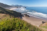 Beach;Blue;Coast;Coastline;Grass;Green;Mountains;Ocean;Oregon;Sand;Sea;Sea-Stack